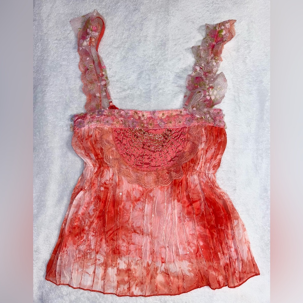 Vintage Y2K 2000’s Oh Yes Floral Babydoll Beaded Sequin Top